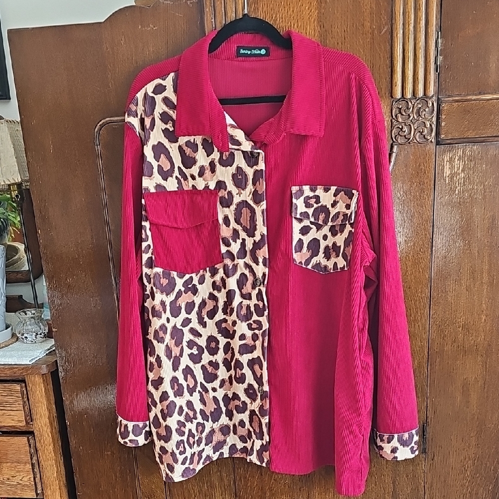 Red and Leopard Print Button-Up Shacket